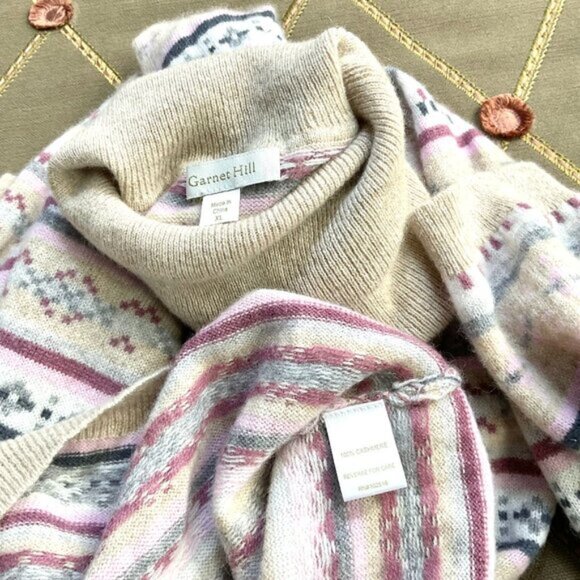 Garnet Hill Sweater Turtleneck Cashmere Fair Isle Pastel Beige Pink Multi (XL) - Picture 4 of 6